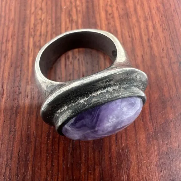 925 Sterling Silver Purple Charoite Oval Ring Sz 6.25 Pinky Heavy Tested GIFT - Picture 4 of 14